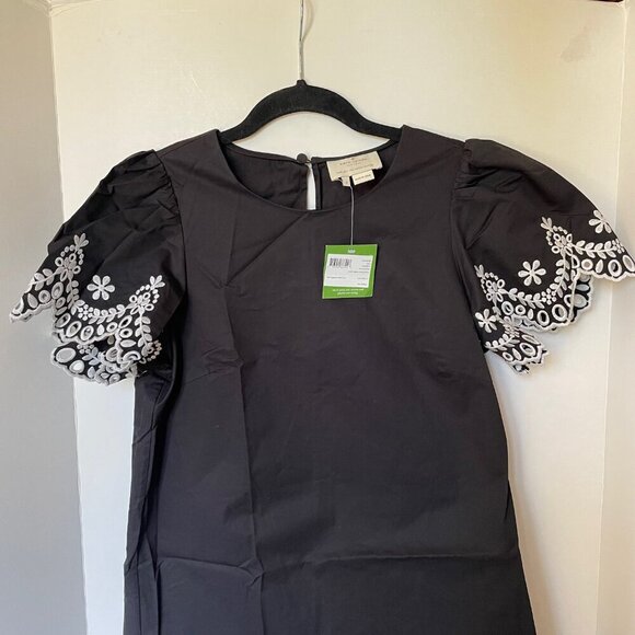 Kate Spade Mini Dress Small Black Short Sleeve Shift Cotton Floral Embroidered - Picture 4 of 12